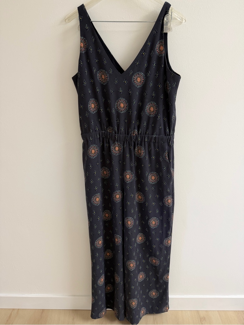 LOFT Black Sleeveless V-Neck Floral Medallion Jumpsuit